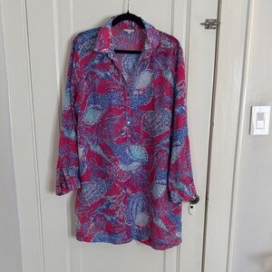 Talbots Pink and Blue Shell-Print Button-Front Tunic